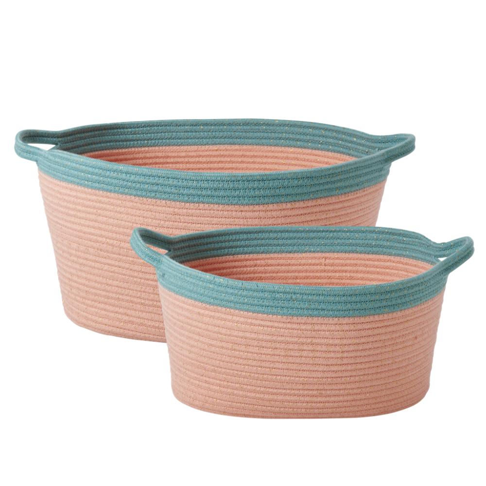 Oval Rope Coral and Petrol Blue Storage Baskets By Rice DK Vibrant Home